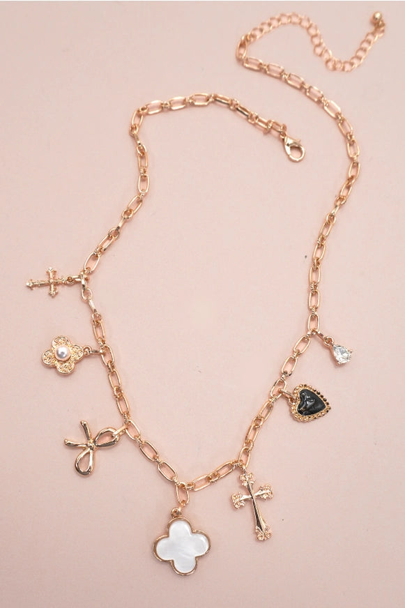 Porcelain Multi-Motif Charm Necklace – Gold Plated Symbolic Statement Piece