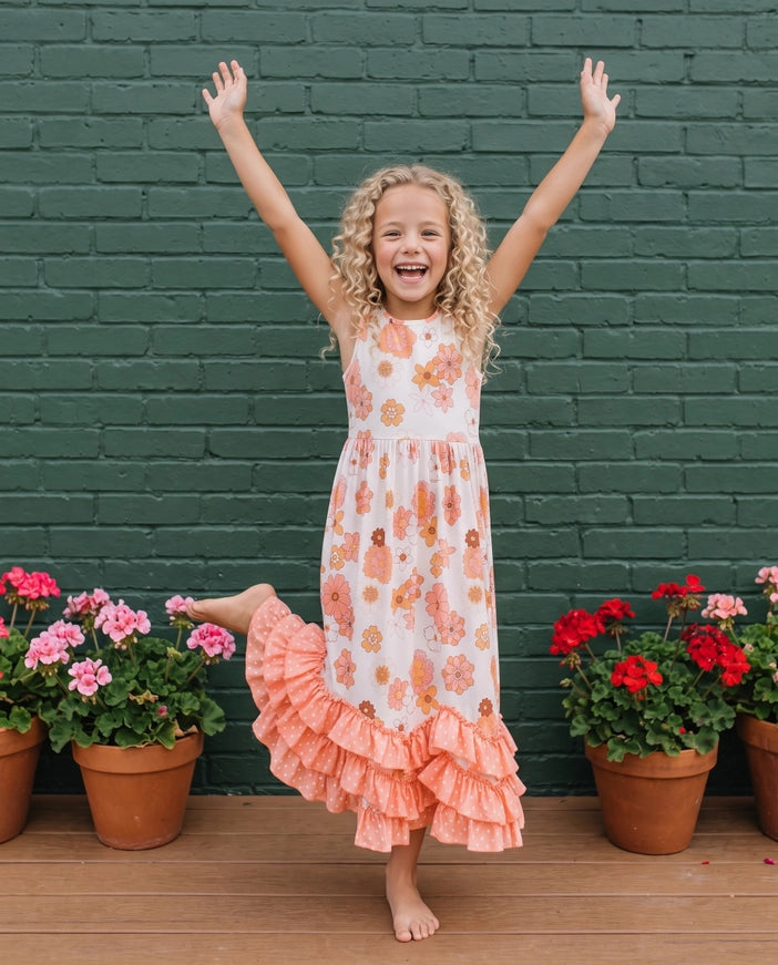Girls' Terra Cotta Floral Triple Ruffle Summer Maxi Dress