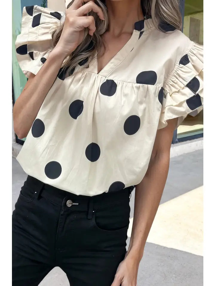 Retro Chic Polka Dot V-Neck Ruffle Sleeve Blouse – Breathable Cotton Blend