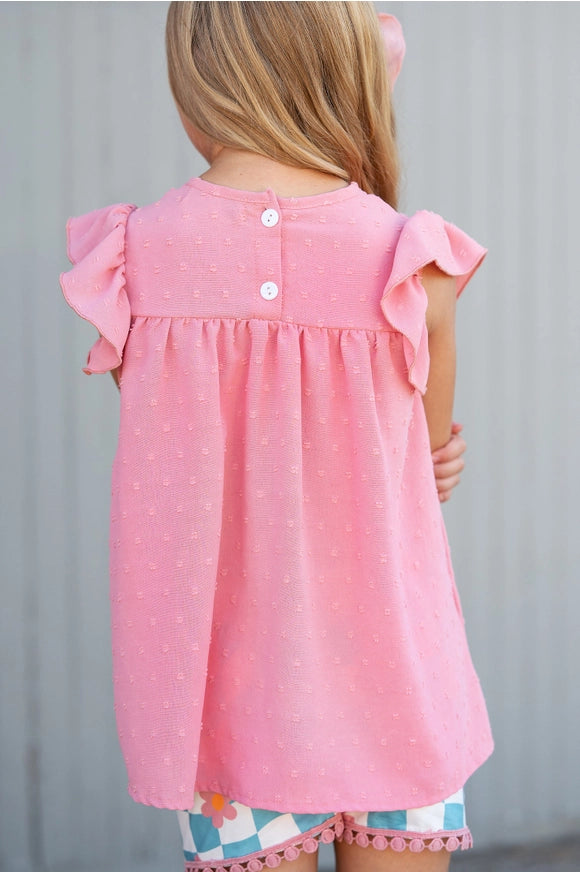 Girls Retro Daisy Checkered Short Set | Pink Swiss Dot Flutter Sleeve Outfit