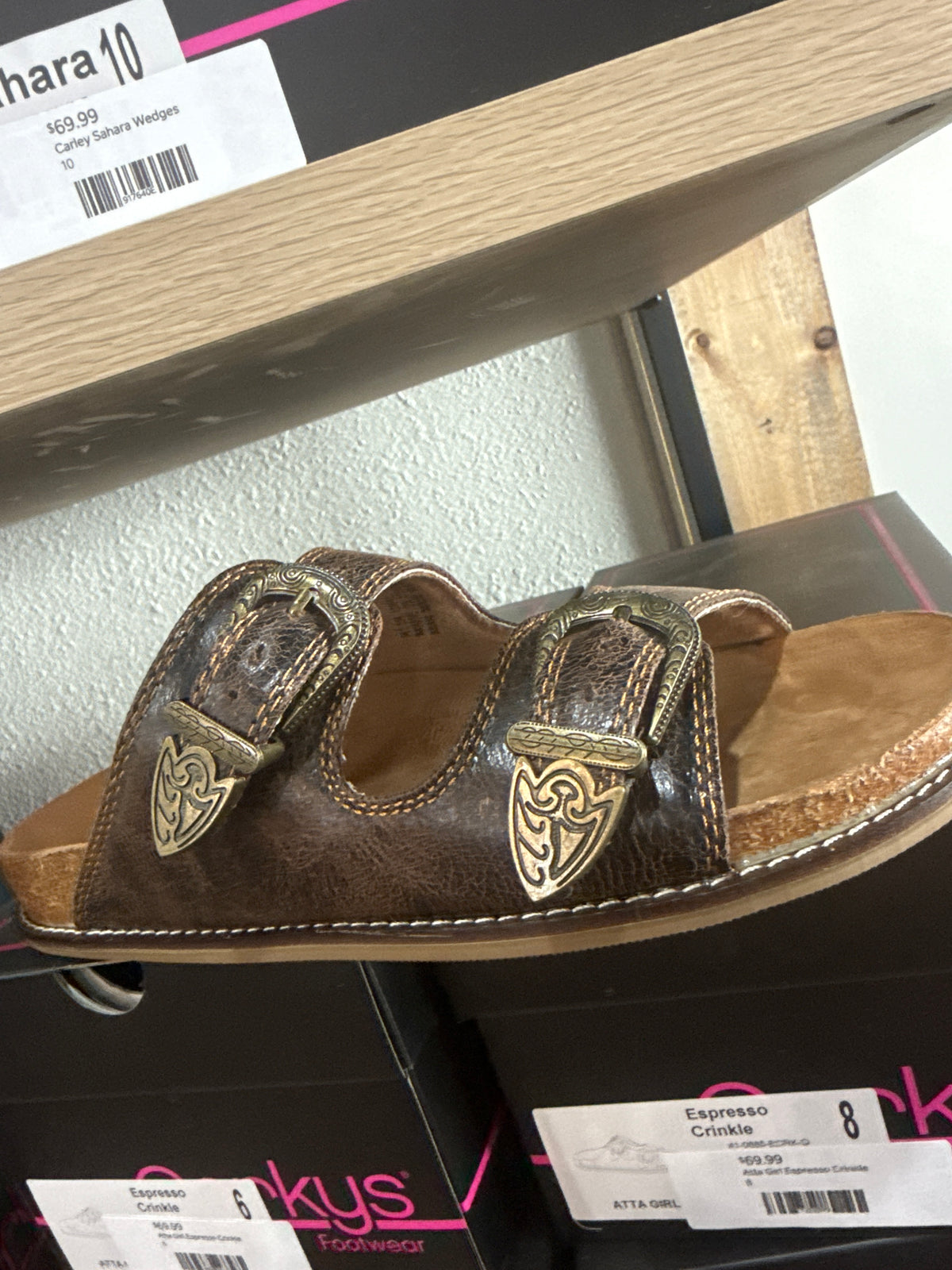 Atta Girl Espresso Crinkle Western Slide Sandals by Corky's