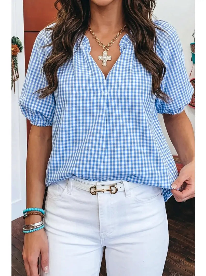 Breezy Cornflower Plaid V-Neck Blouse – Chic Summer Staple