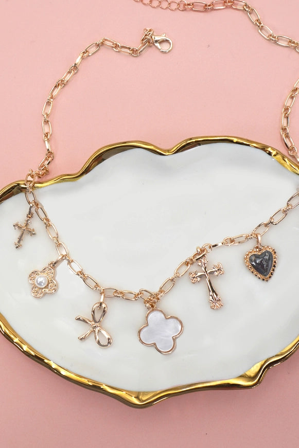 Porcelain Multi-Motif Charm Necklace – Gold Plated Symbolic Statement Piece