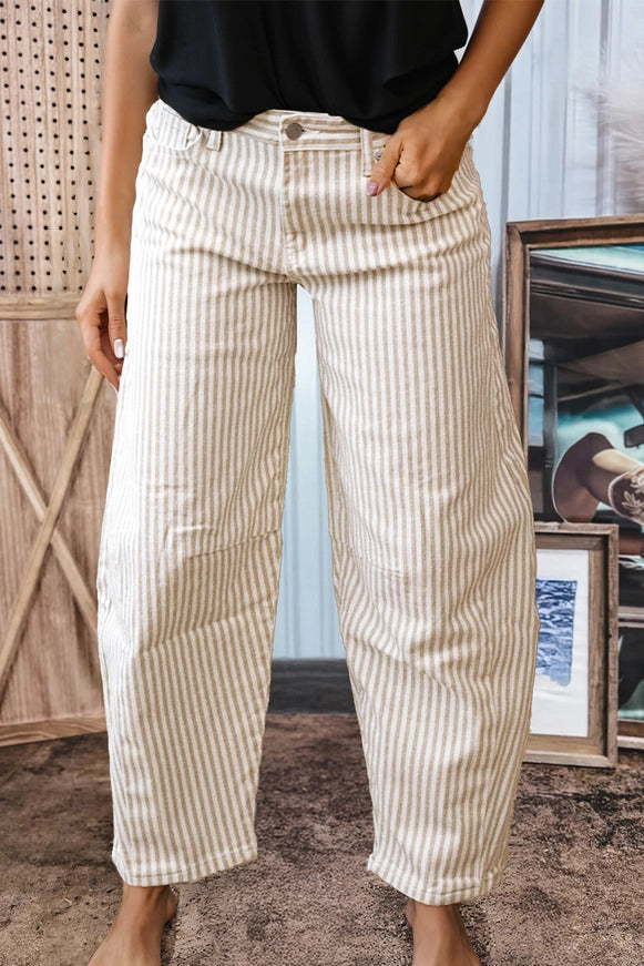 High-Waist Striped Barrel Jeans | Trendy Western Ankle Denim