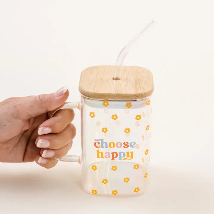 Choose Happy 20oz Iridescent Square Glass Cup with Handle – Retro Floral Iced Coffee Mug with Bamboo Lid & Glass Straw