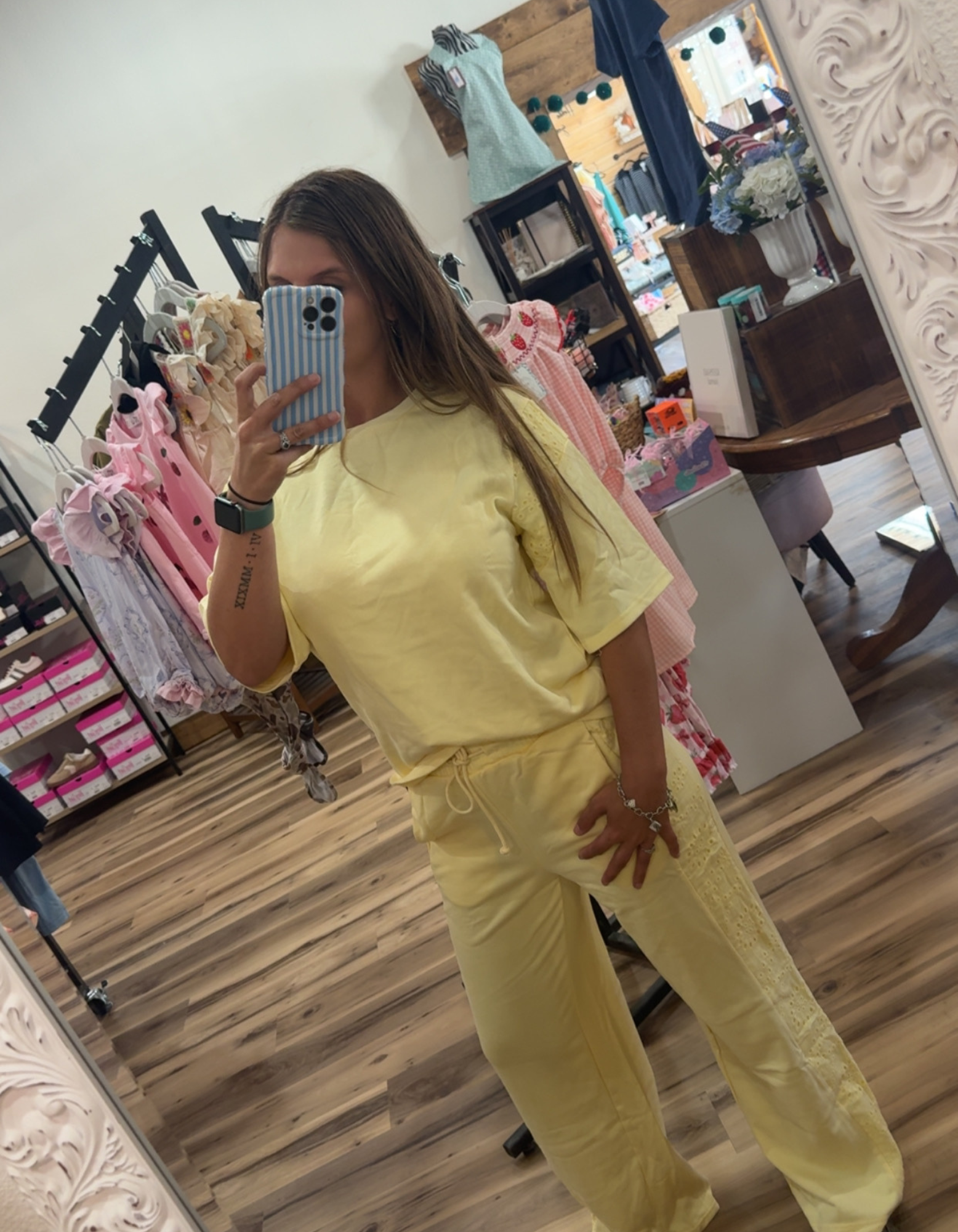 Yellow Cream Eyelet Lace Patchwork Oversized Tee & Drawstring Pants Set