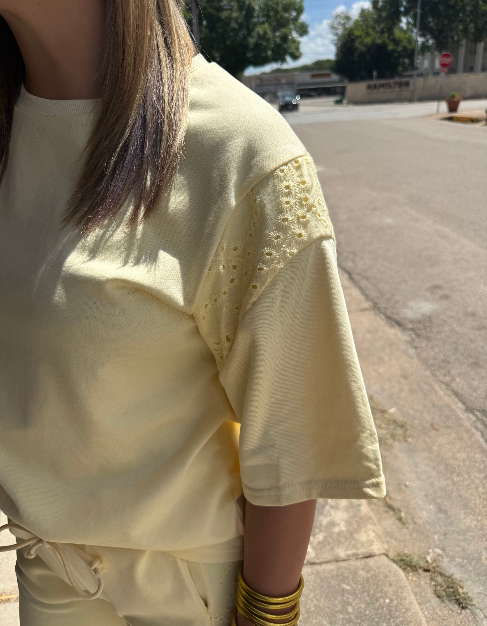 Yellow Cream Eyelet Lace Patchwork Oversized Tee & Drawstring Pants Set