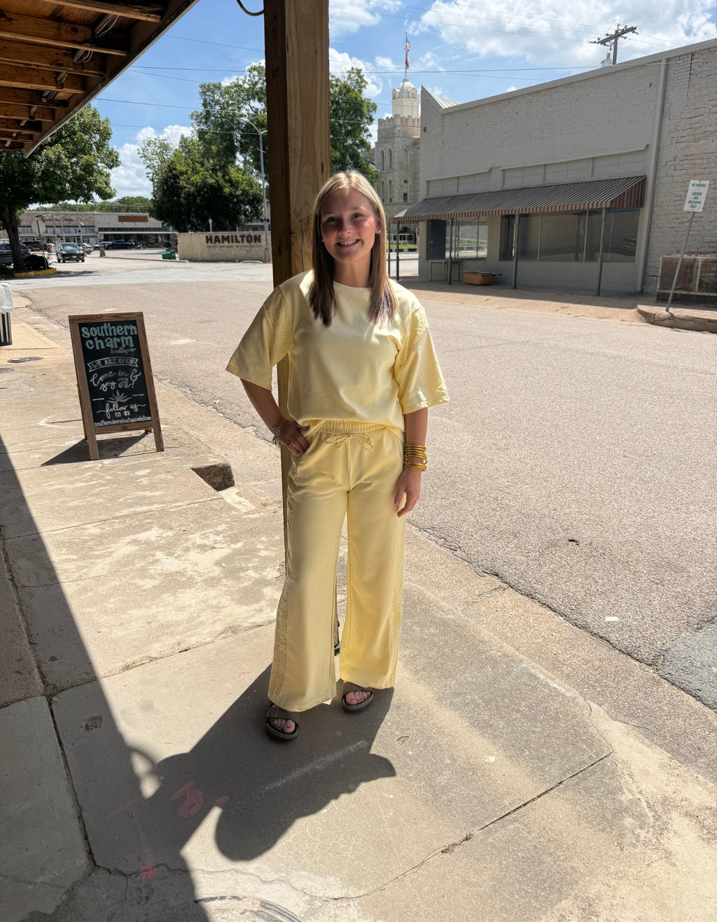Yellow Cream Eyelet Lace Patchwork Oversized Tee & Drawstring Pants Set