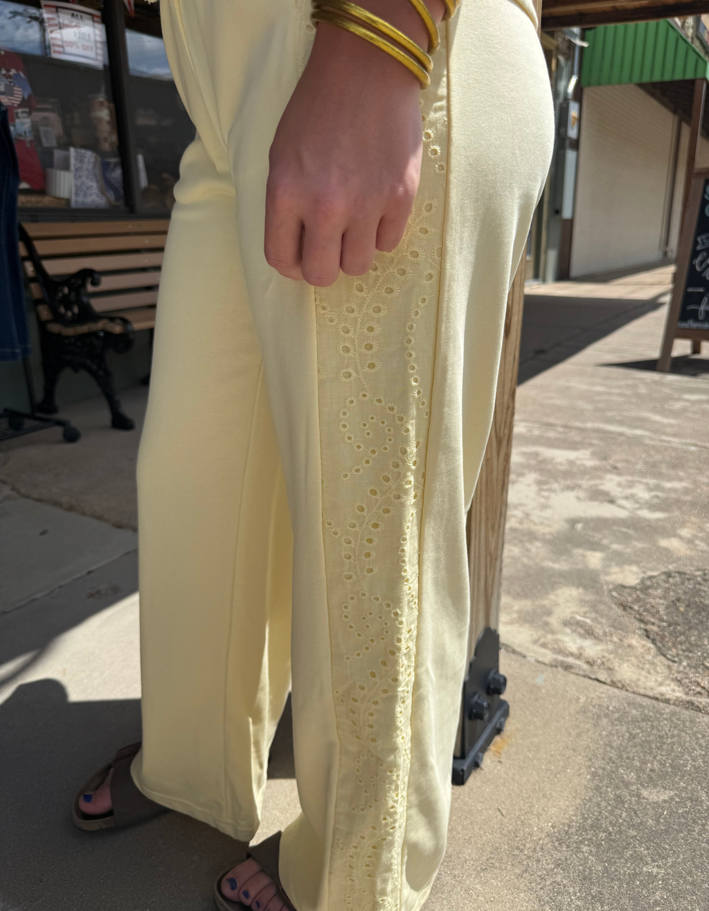 Yellow Cream Eyelet Lace Patchwork Oversized Tee & Drawstring Pants Set