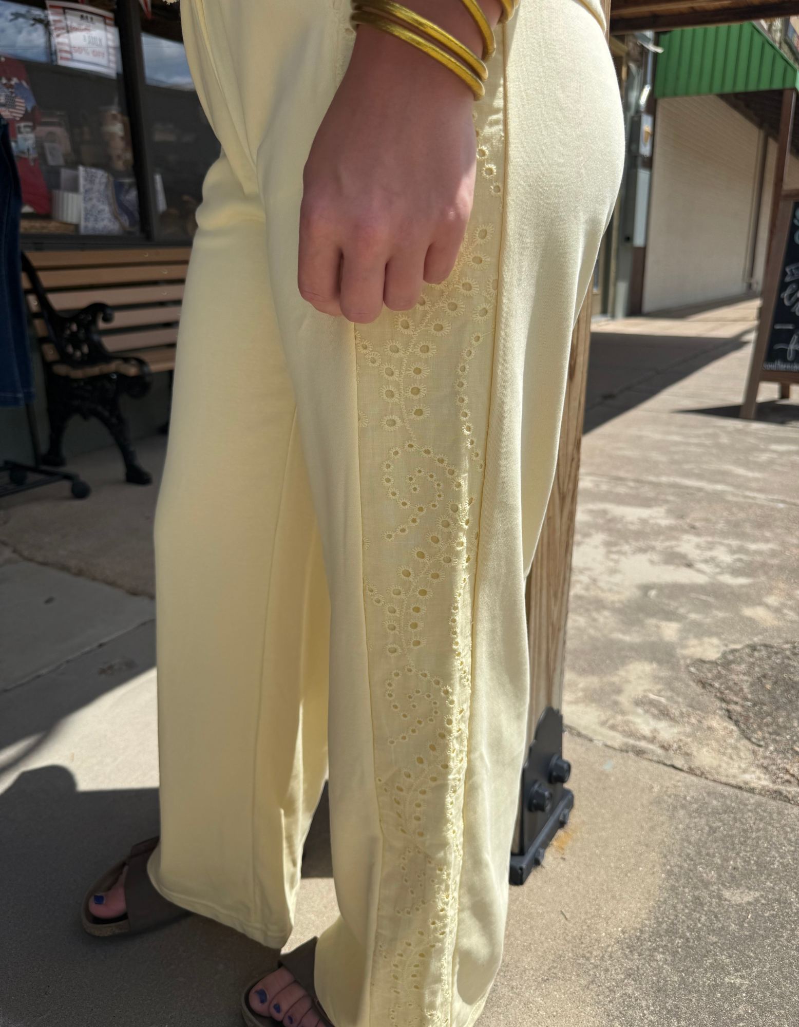 Yellow Cream Eyelet Lace Patchwork Oversized Tee & Drawstring Pants Set