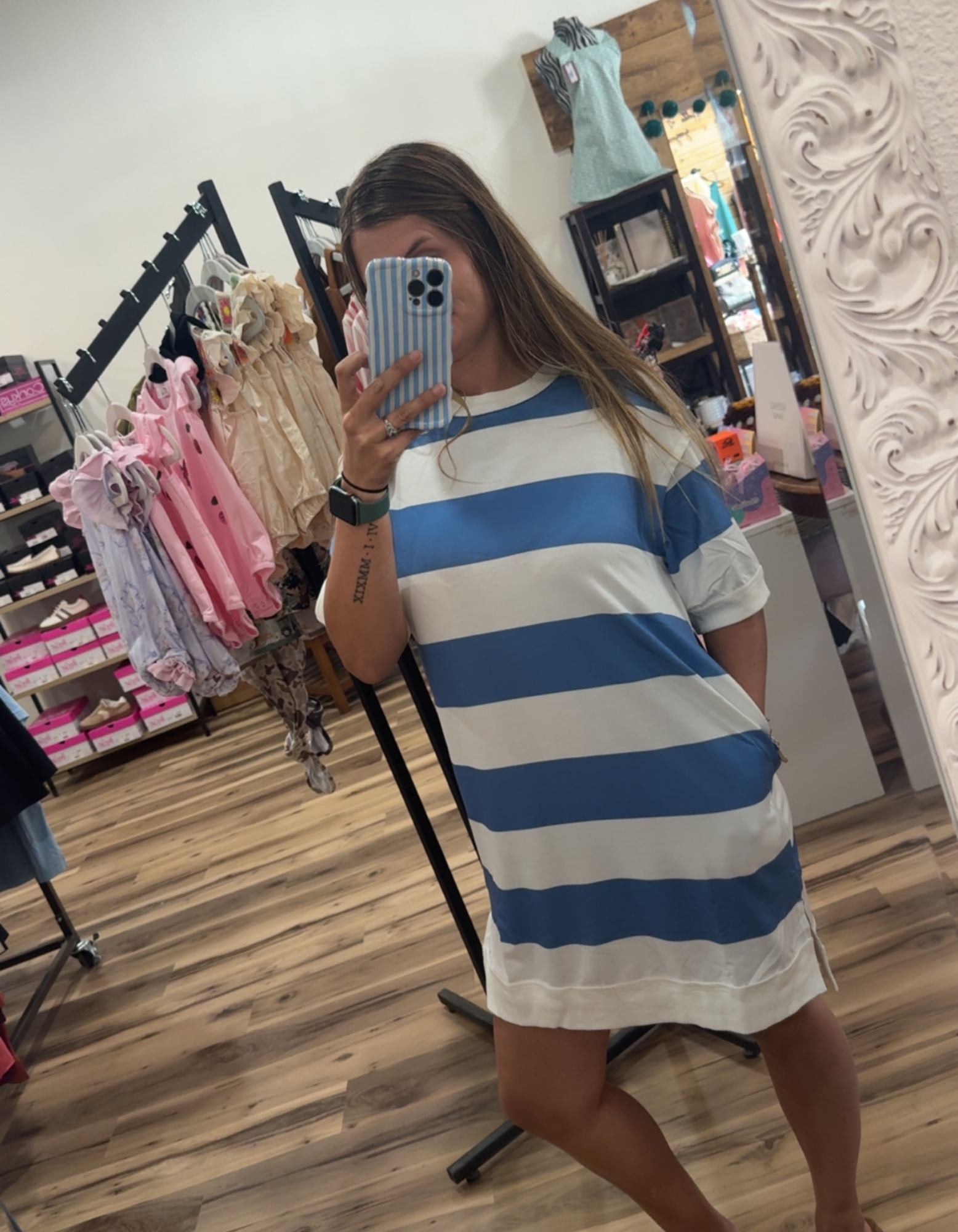 Striped Raw Seam Shoulder Detail Tee Dress – Effortless Casual Chic