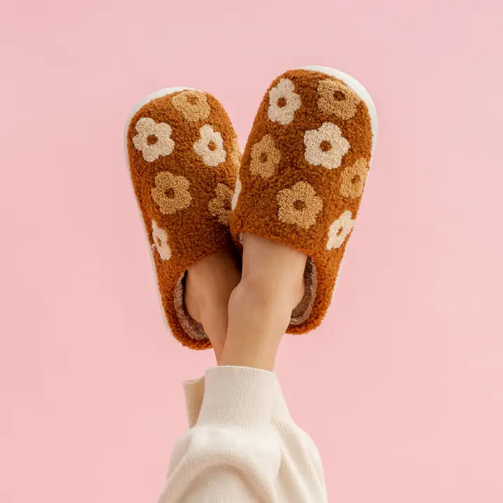 Brown Floral Plush Fuzzy Slippers – Cozy Hard-Sole House Shoes