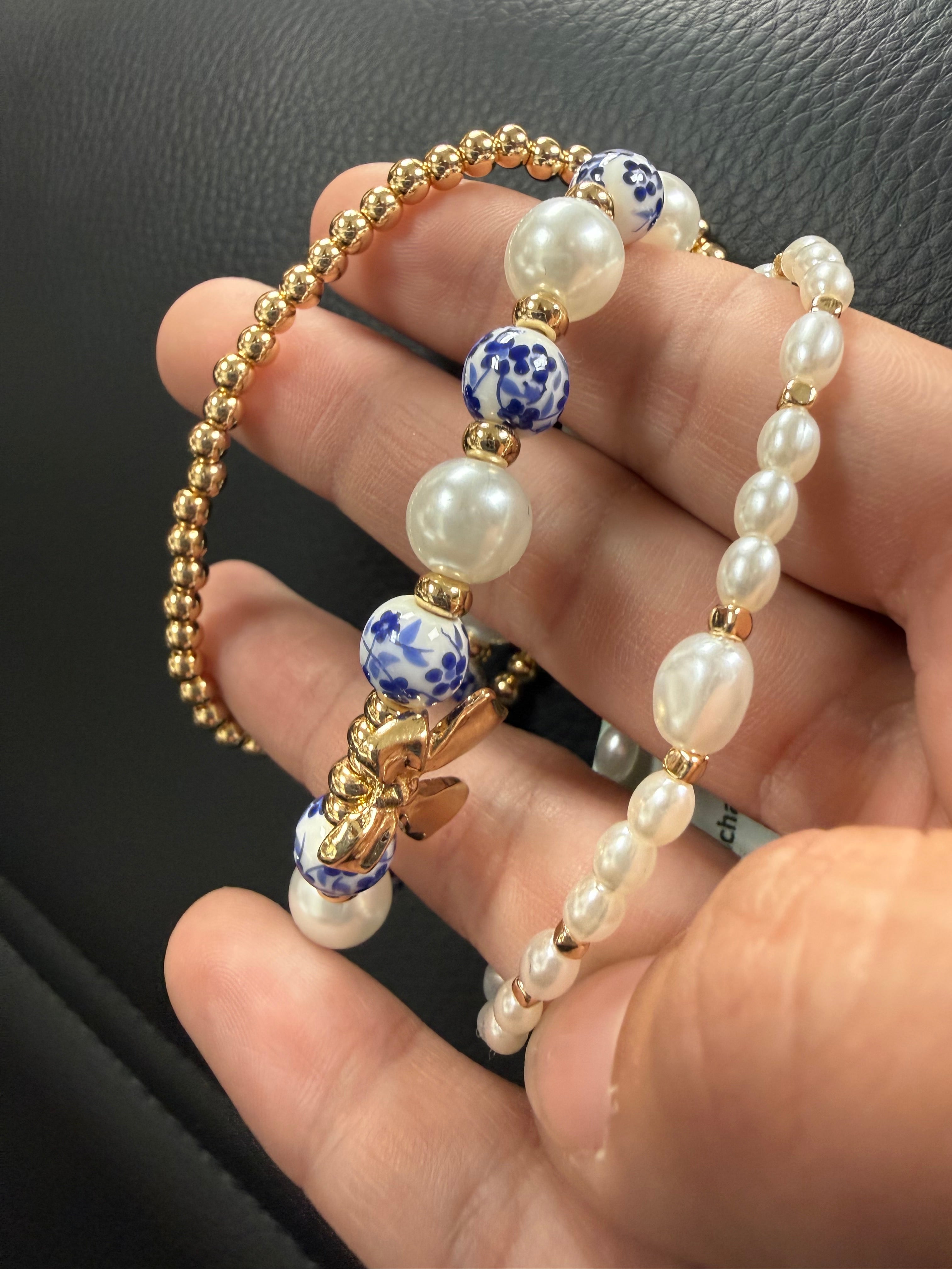 Blue Toile Porcelain Bow & Pearl Multi-Layer Stretch Bracelet