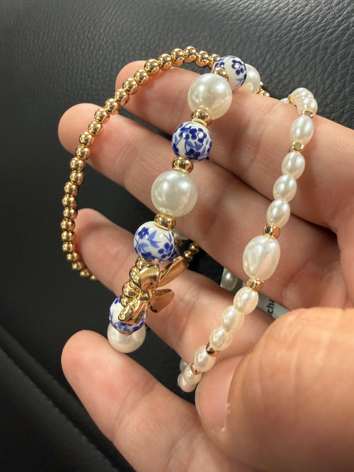 Blue Toile Porcelain Bow & Pearl Multi-Layer Stretch Bracelet