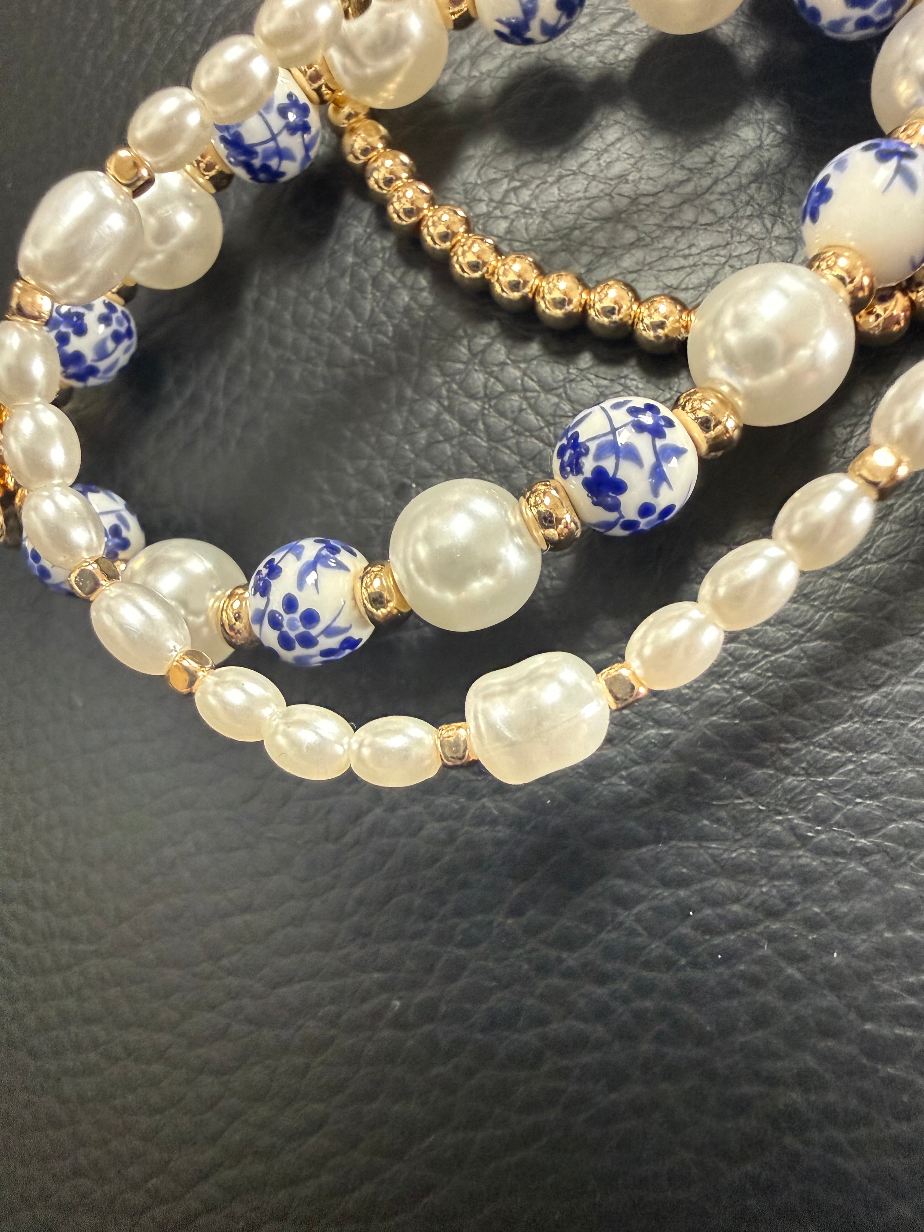 Blue Toile Porcelain Bow & Pearl Multi-Layer Stretch Bracelet