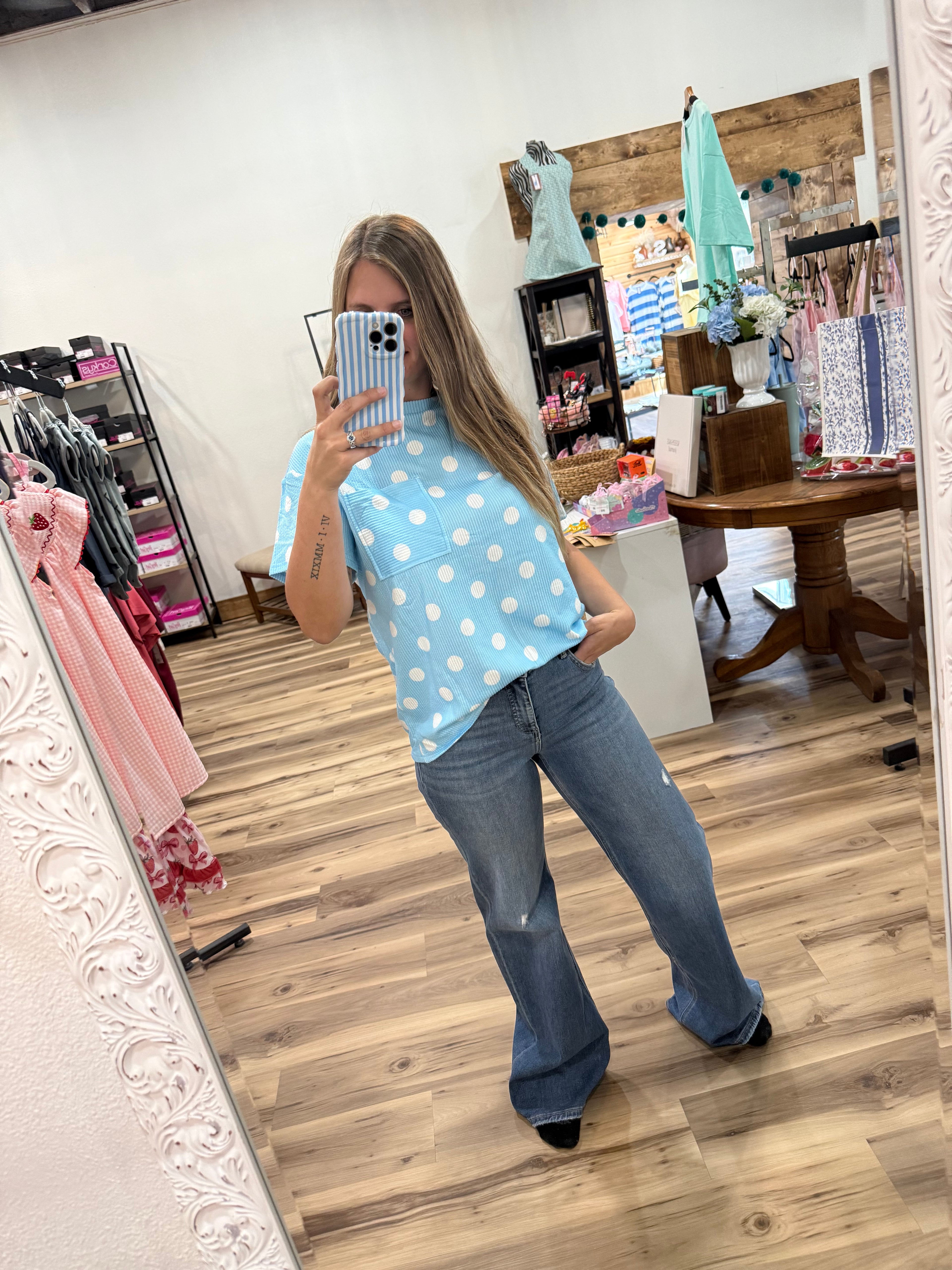 Women’s Ribbed Polka Dot Pocket Tee – Chic Summer Stretch Top