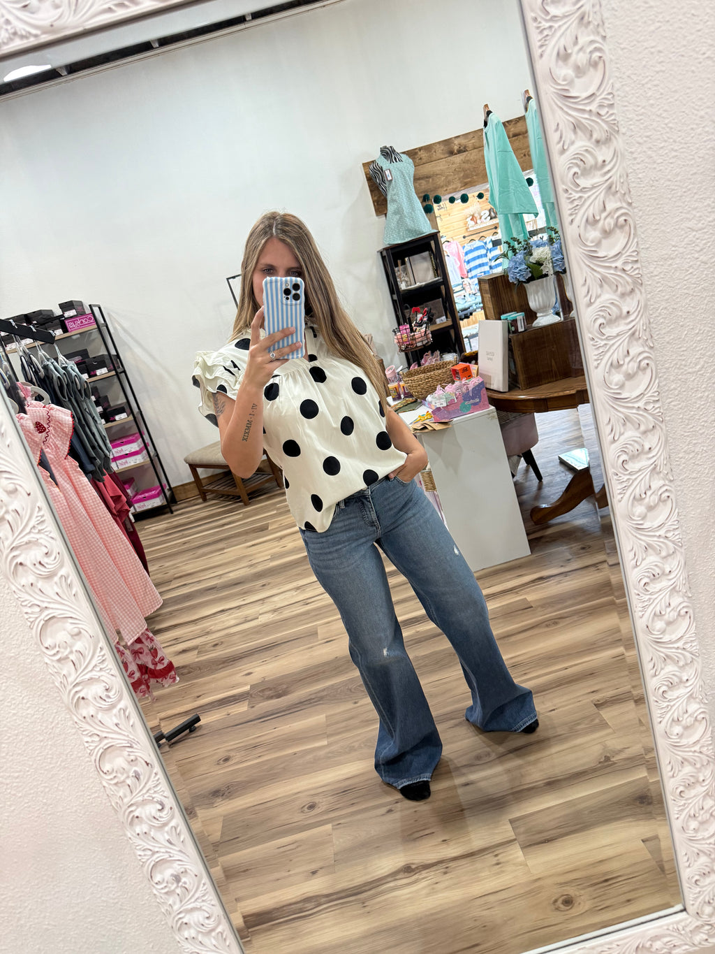 Retro Chic Polka Dot V-Neck Ruffle Sleeve Blouse – Breathable Cotton Blend