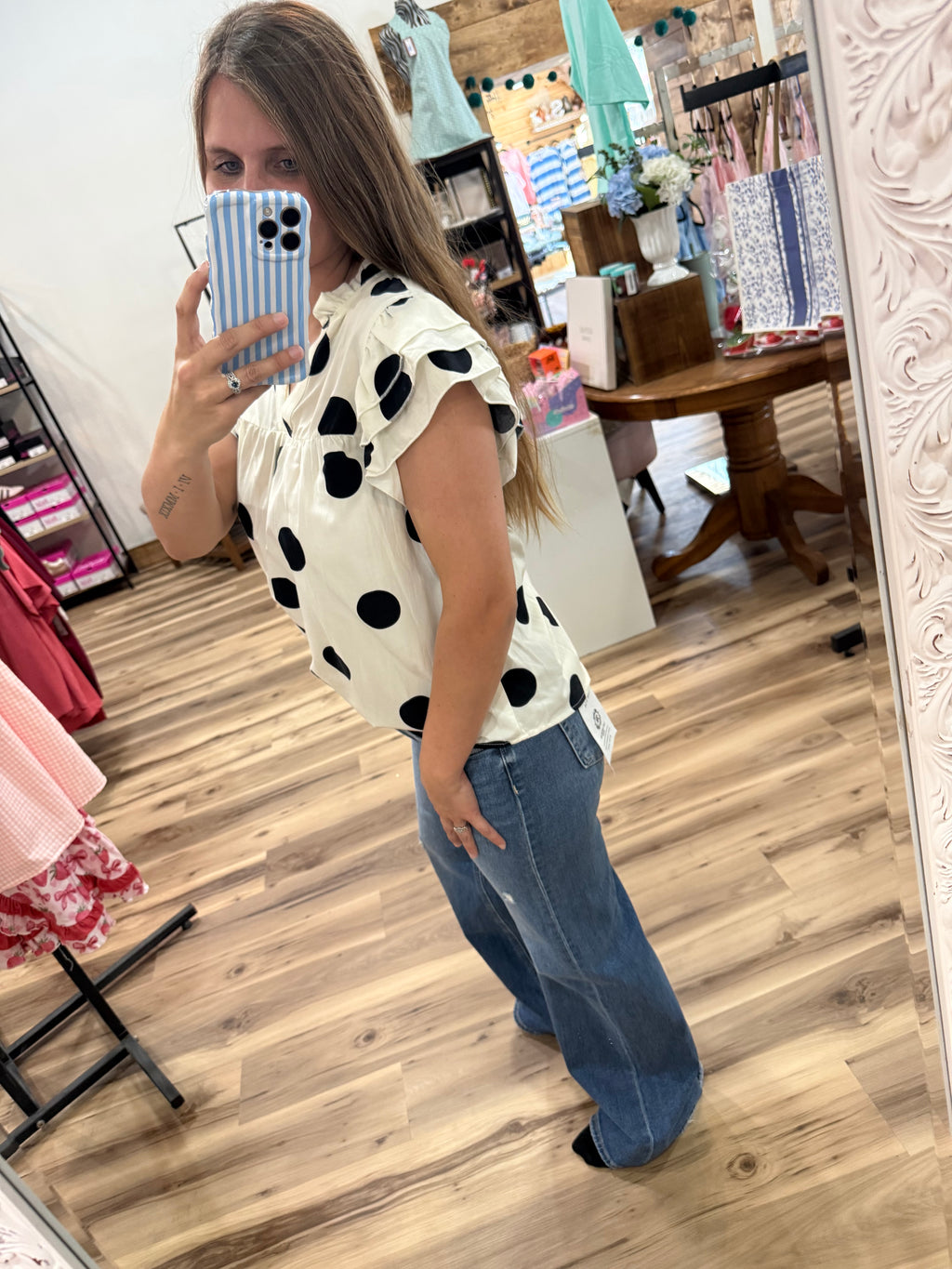 Retro Chic Polka Dot V-Neck Ruffle Sleeve Blouse – Breathable Cotton Blend