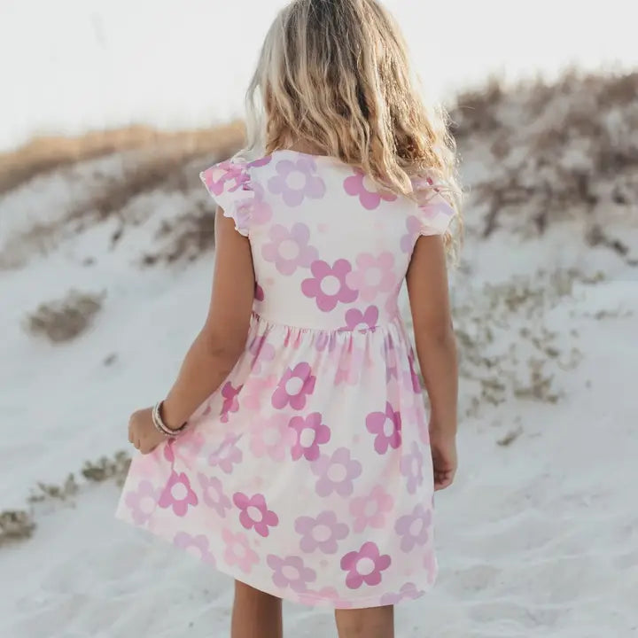 Claire Girls Lavender Retro Floral Flutter Sleeve Twirl Dress