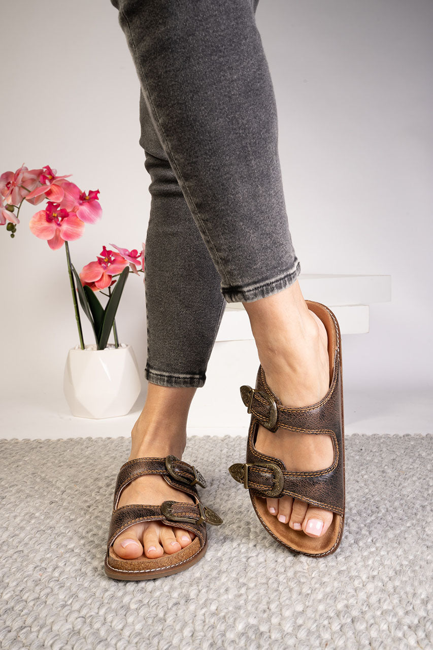 Atta Girl Espresso Crinkle Western Slide Sandals by Corky's