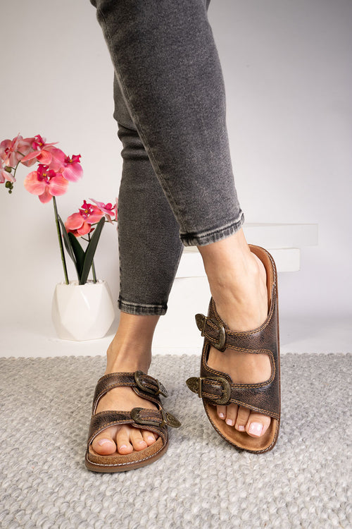 Atta Girl Espresso Crinkle Western Slide Sandals by Corky's