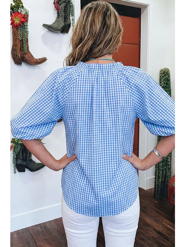 Breezy Cornflower Plaid V-Neck Blouse – Chic Summer Staple