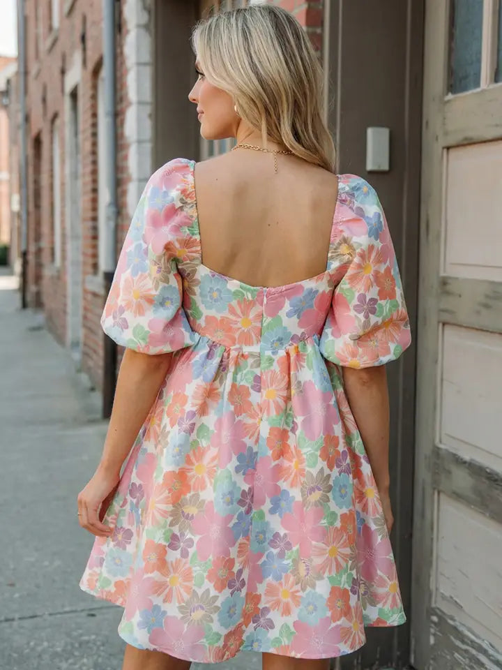 Meadow Floral Square Neck Puff Sleeve Babydoll Dress