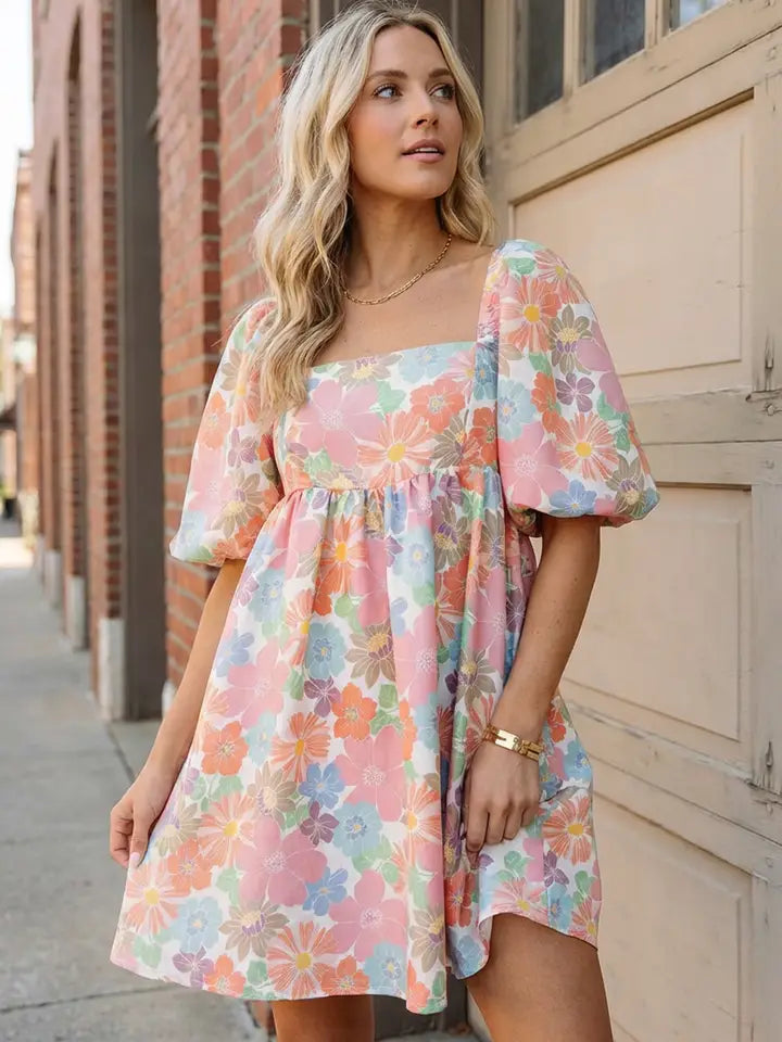 Meadow Floral Square Neck Puff Sleeve Babydoll Dress