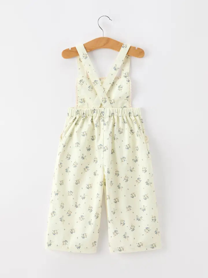Girls Vintage Floral Lace Trim Jumpsuit – Breathable 100% Cotton Wide Leg
