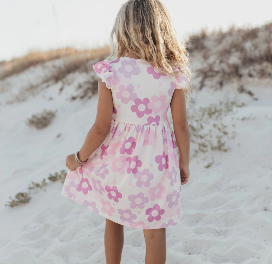 Claire Girls Lavender Retro Floral Flutter Sleeve Twirl Dress
