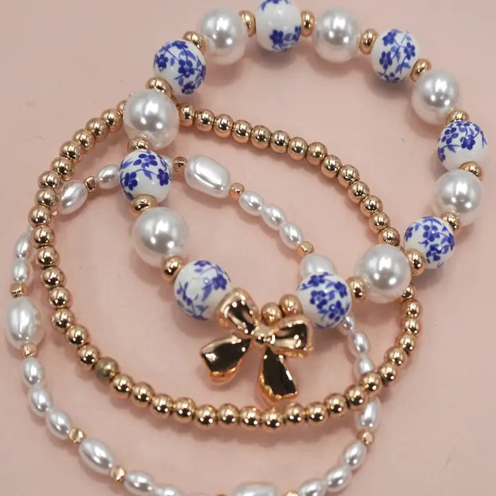 Blue Toile Porcelain Bow & Pearl Multi-Layer Stretch Bracelet