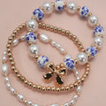Blue Toile Porcelain Bow & Pearl Multi-Layer Stretch Bracelet