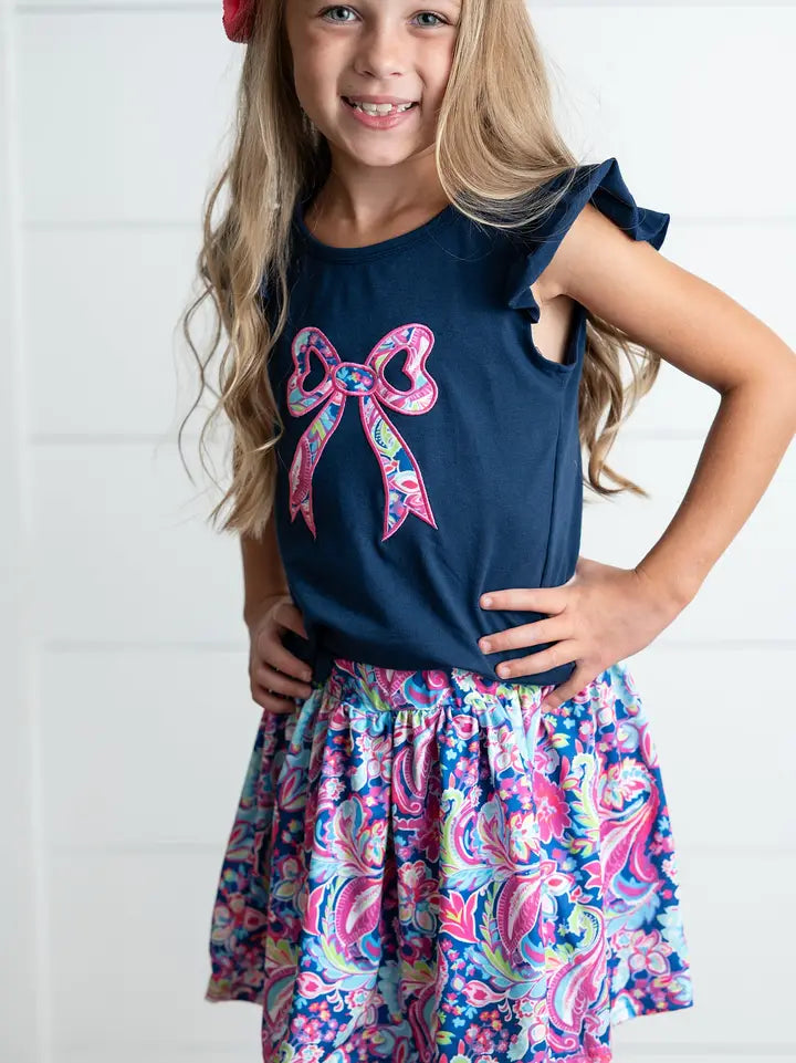 Girls Navy & Pink Floral Bow Skort Set | Adorable 2-Piece Summer Outfit