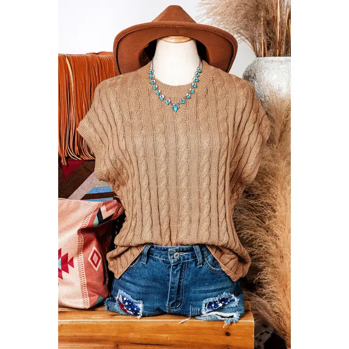 Classic Cable Knit Stand Neck Sweater – Elegant Short Sleeve Shift Top