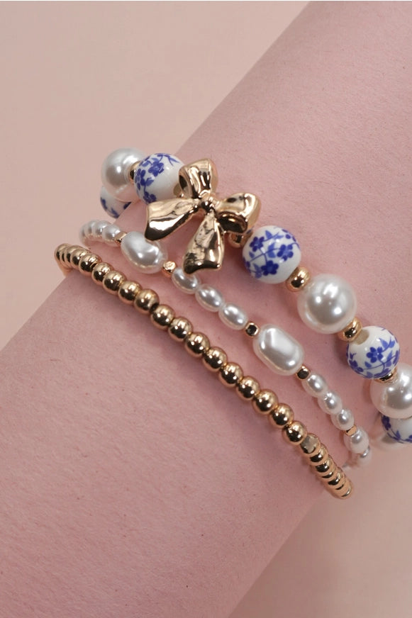 Blue Toile Porcelain Bow & Pearl Multi-Layer Stretch Bracelet