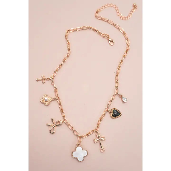 Porcelain Multi-Motif Charm Necklace – Gold Plated Symbolic Statement Piece