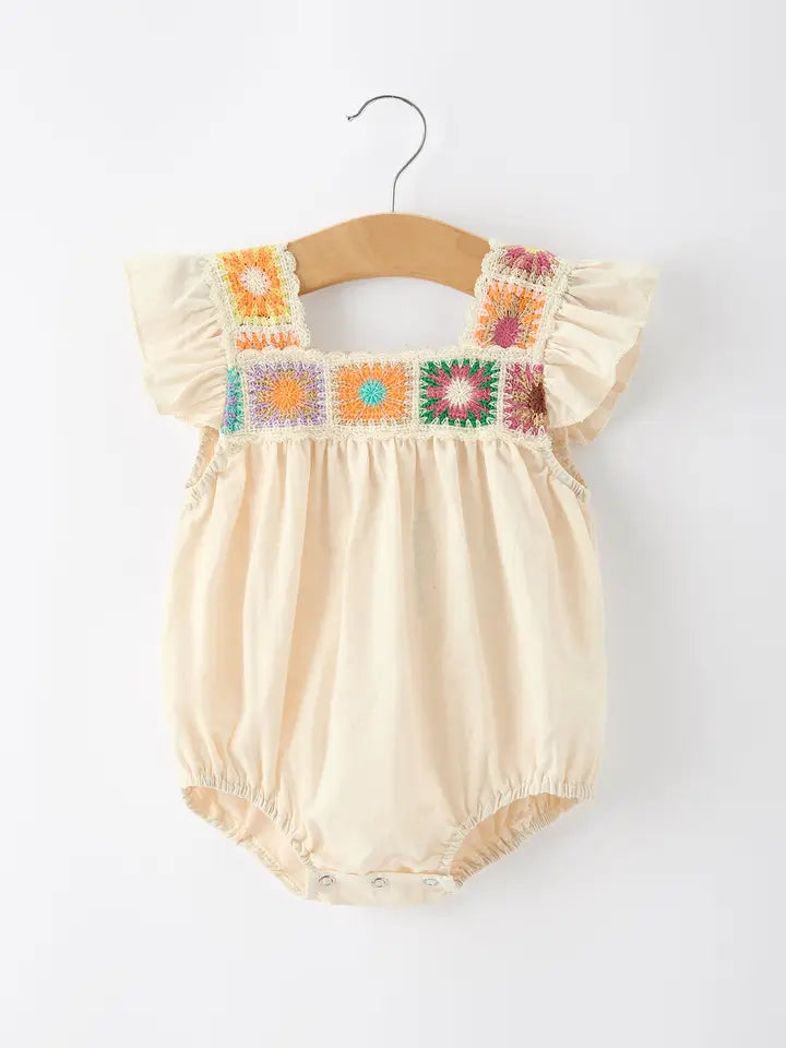 Boho Hand-Crocheted Summer Baby Romper – Vintage Ruffle Sunsuit