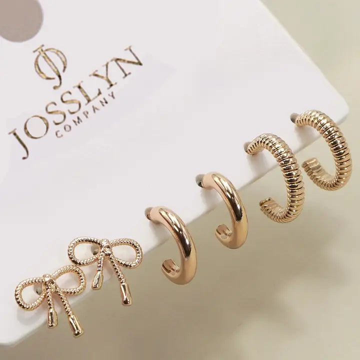 Mini Bow Gold Huggie Hoop Trio – 3-Pair Hypoallergenic Earring Set