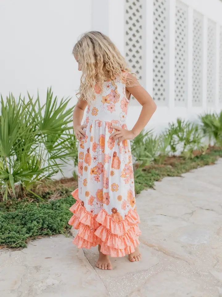 Girls' Terra Cotta Floral Triple Ruffle Summer Maxi Dress
