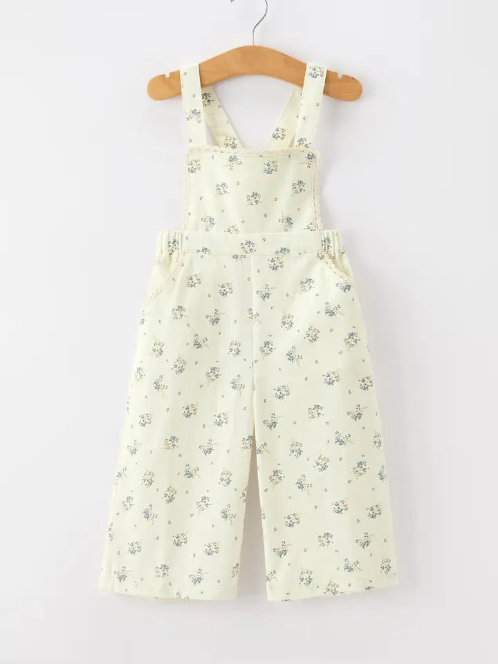 Girls Vintage Floral Lace Trim Jumpsuit – Breathable 100% Cotton Wide Leg