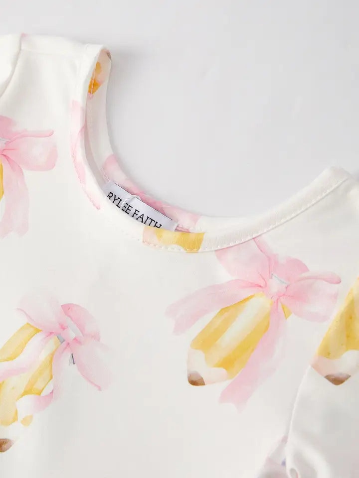 Girls' Back to School Pencil Print Dress – Cute First Day Bow Outfit