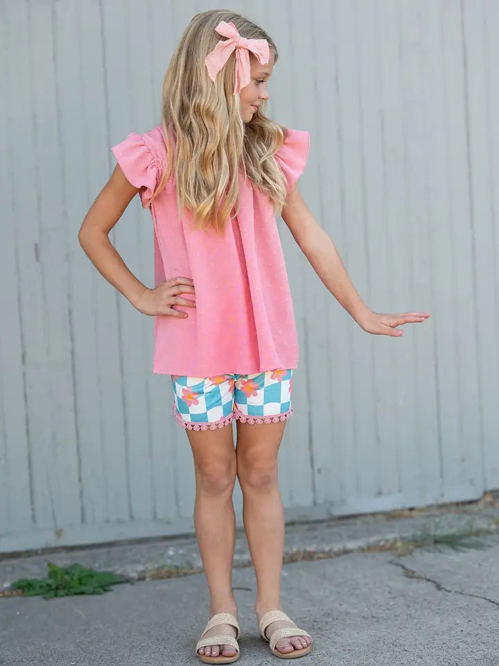 Girls Retro Daisy Checkered Short Set | Pink Swiss Dot Flutter Sleeve Outfit
