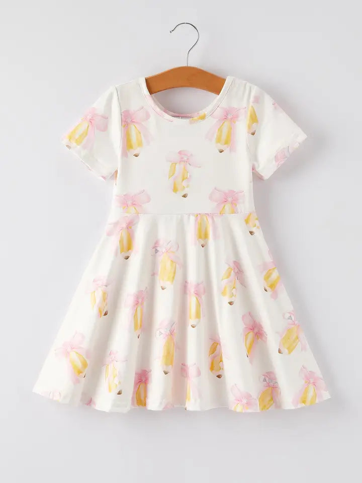Girls' Back to School Pencil Print Dress – Cute First Day Bow Outfit