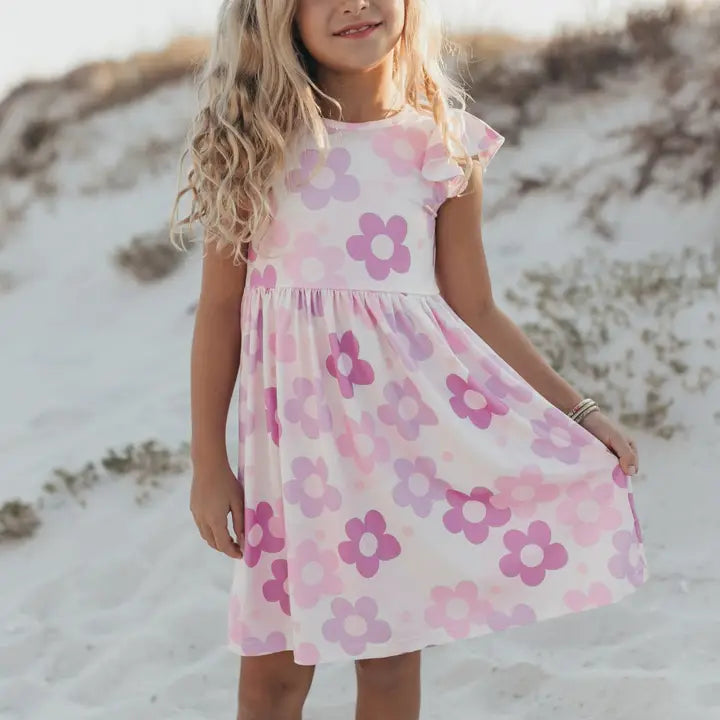 Claire Girls Lavender Retro Floral Flutter Sleeve Twirl Dress