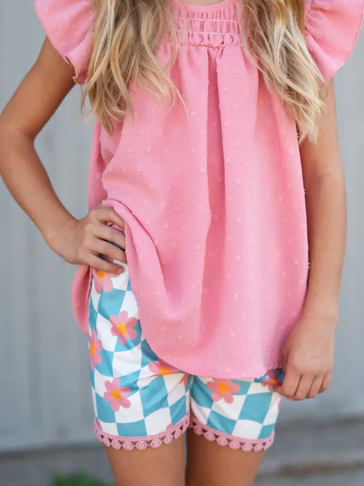 Girls Retro Daisy Checkered Short Set | Pink Swiss Dot Flutter Sleeve Outfit