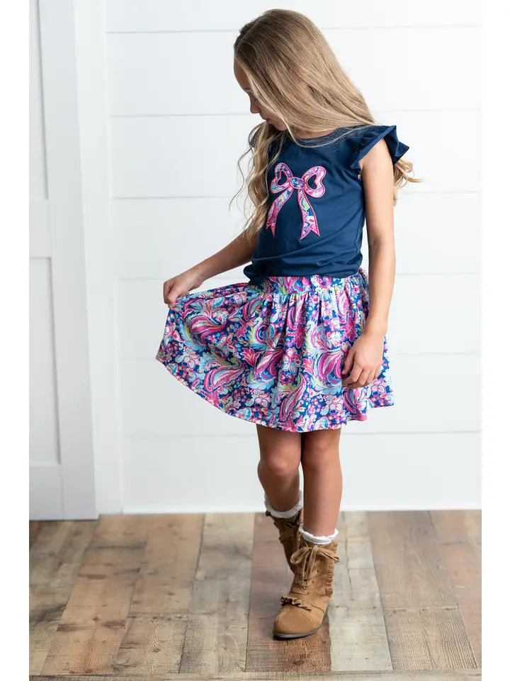Girls Navy & Pink Floral Bow Skort Set | Adorable 2-Piece Summer Outfit