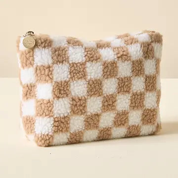 Checkered Sherpa Teddy Pouch – Luxury Tan Travel & Cosmetic Organizer